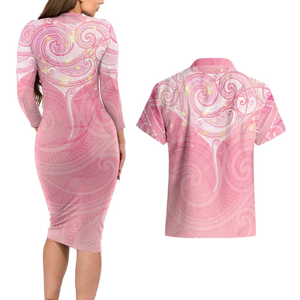 Breast Cancer Awareness Maori Aotearoa Couples Matching Long Sleeve Bodycon Dress and Hawaiian Shirt Manta Ray - Pink Glaze LT7 - Polynesian Pride