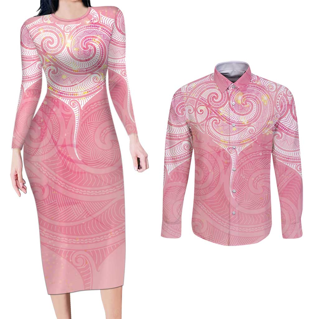 Breast Cancer Awareness Maori Aotearoa Couples Matching Long Sleeve Bodycon Dress and Long Sleeve Button Shirt Manta Ray - Pink Glaze LT7 Pink - Polynesian Pride