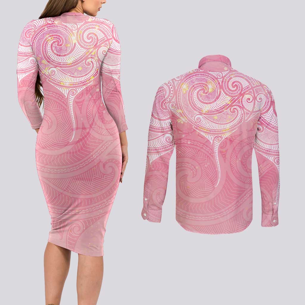 Breast Cancer Awareness Maori Aotearoa Couples Matching Long Sleeve Bodycon Dress and Long Sleeve Button Shirt Manta Ray - Pink Glaze LT7 - Polynesian Pride