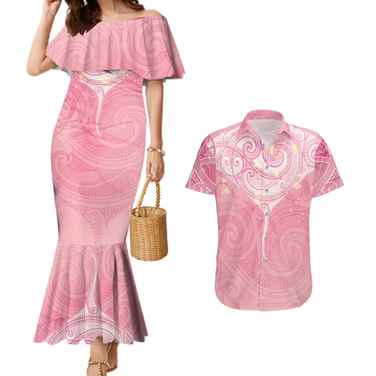 Breast Cancer Awareness Maori Aotearoa Couples Matching Mermaid Dress and Hawaiian Shirt Manta Ray - Pink Glaze LT7 Pink - Polynesian Pride