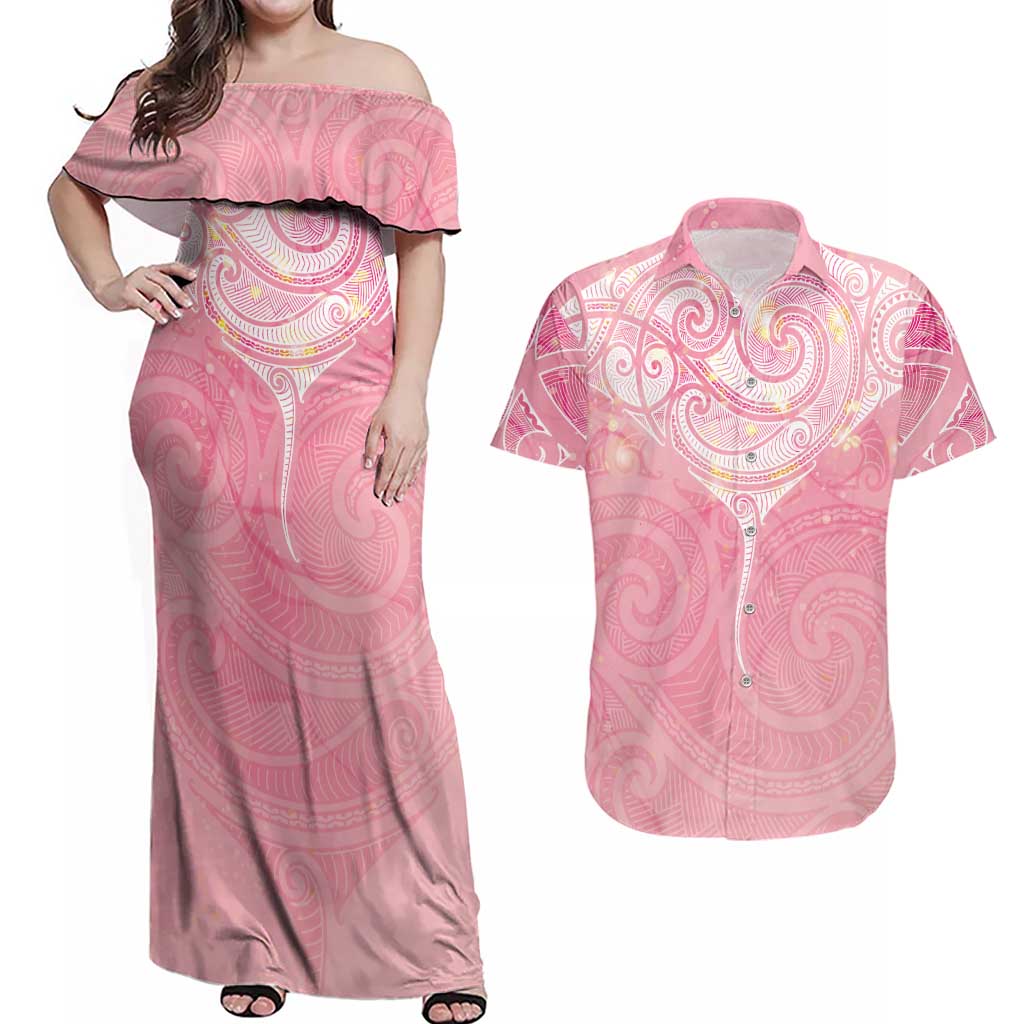 Breast Cancer Awareness Maori Aotearoa Couples Matching Off Shoulder Maxi Dress and Hawaiian Shirt Manta Ray - Pink Glaze LT7 Pink - Polynesian Pride