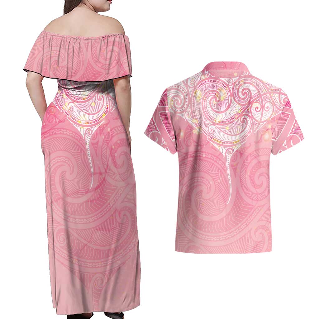 Breast Cancer Awareness Maori Aotearoa Couples Matching Off Shoulder Maxi Dress and Hawaiian Shirt Manta Ray - Pink Glaze LT7 - Polynesian Pride