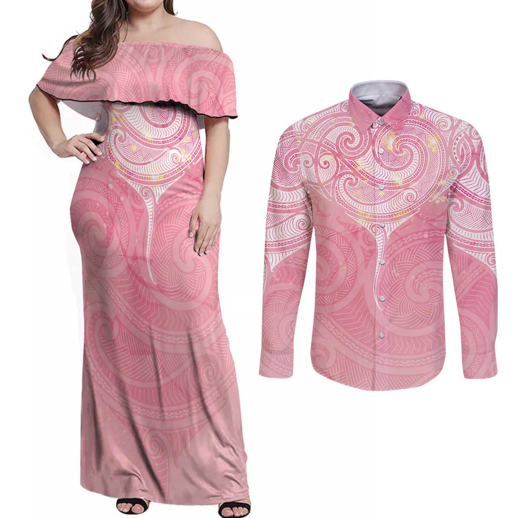 Breast Cancer Awareness Maori Aotearoa Couples Matching Off Shoulder Maxi Dress and Long Sleeve Button Shirt Manta Ray - Pink Glaze LT7 Pink - Polynesian Pride