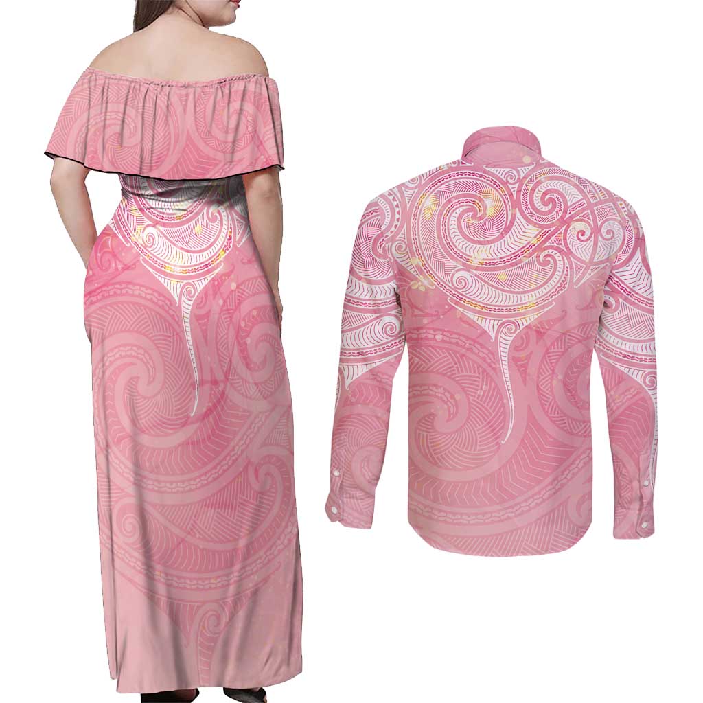 Breast Cancer Awareness Maori Aotearoa Couples Matching Off Shoulder Maxi Dress and Long Sleeve Button Shirt Manta Ray - Pink Glaze LT7 - Polynesian Pride