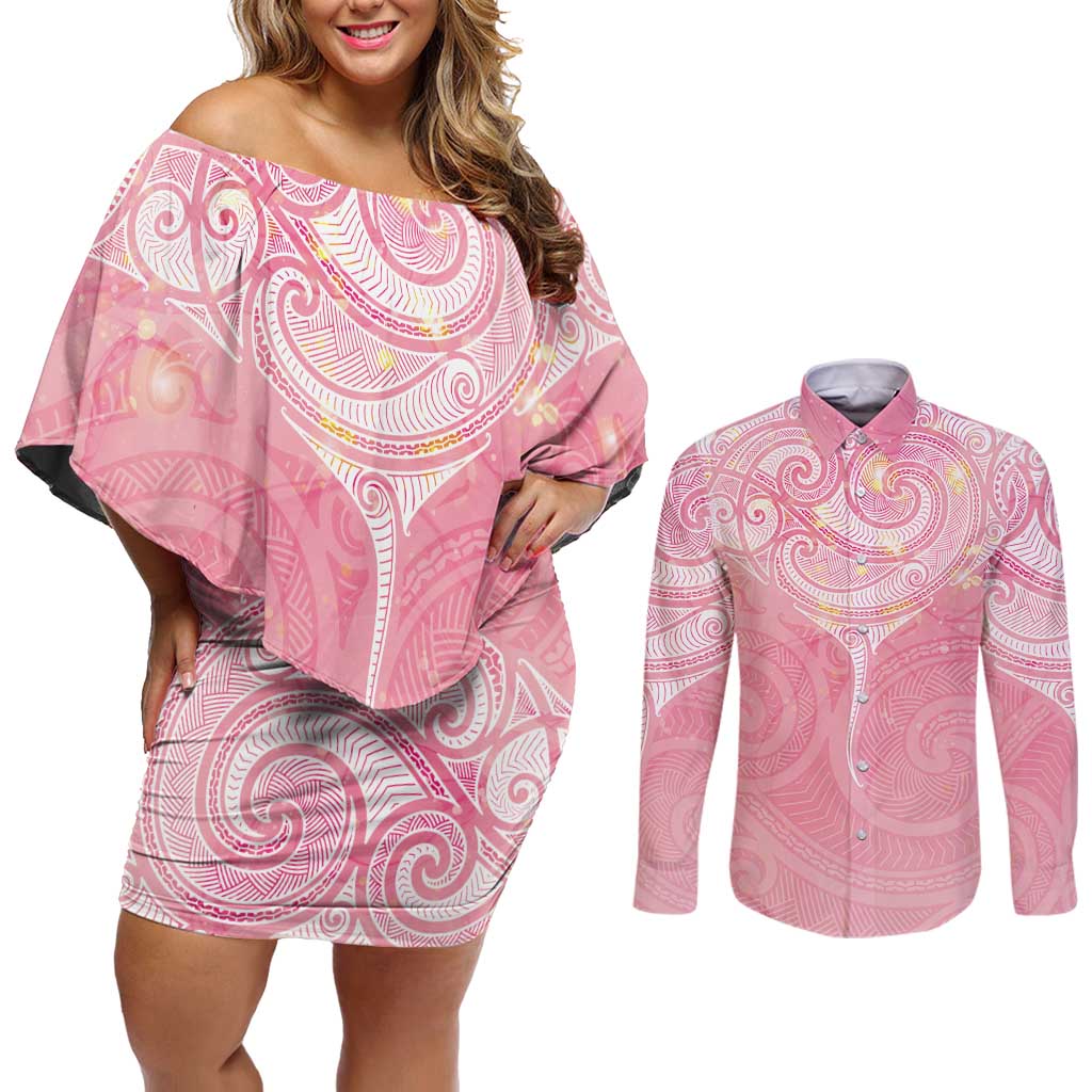 Breast Cancer Awareness Maori Aotearoa Couples Matching Off Shoulder Short Dress and Long Sleeve Button Shirt Manta Ray - Pink Glaze LT7 Pink - Polynesian Pride
