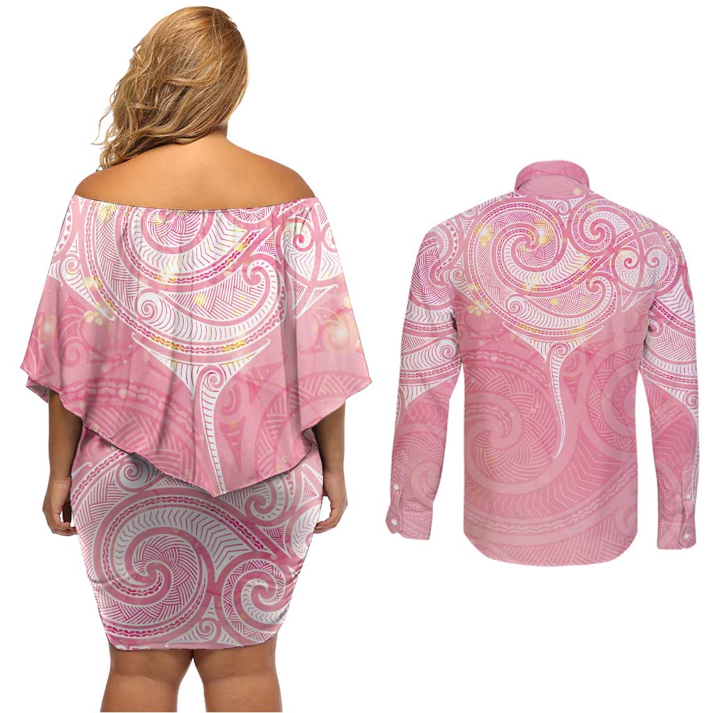 Breast Cancer Awareness Maori Aotearoa Couples Matching Off Shoulder Short Dress and Long Sleeve Button Shirt Manta Ray - Pink Glaze LT7 - Polynesian Pride