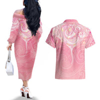 Breast Cancer Awareness Maori Aotearoa Couples Matching Off The Shoulder Long Sleeve Dress and Hawaiian Shirt Manta Ray - Pink Glaze LT7 - Polynesian Pride