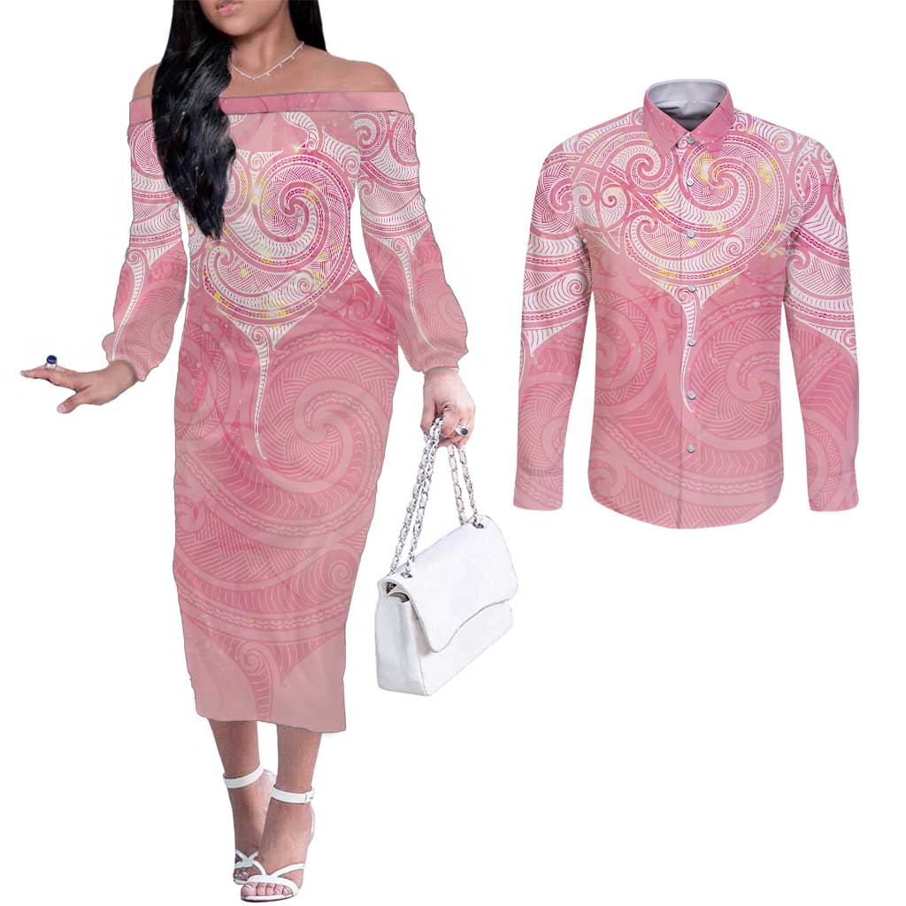 Breast Cancer Awareness Maori Aotearoa Couples Matching Off The Shoulder Long Sleeve Dress and Long Sleeve Button Shirt Manta Ray - Pink Glaze LT7 Pink - Polynesian Pride