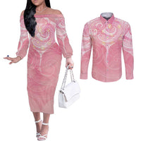 Breast Cancer Awareness Maori Aotearoa Couples Matching Off The Shoulder Long Sleeve Dress and Long Sleeve Button Shirt Manta Ray - Pink Glaze LT7 Pink - Polynesian Pride
