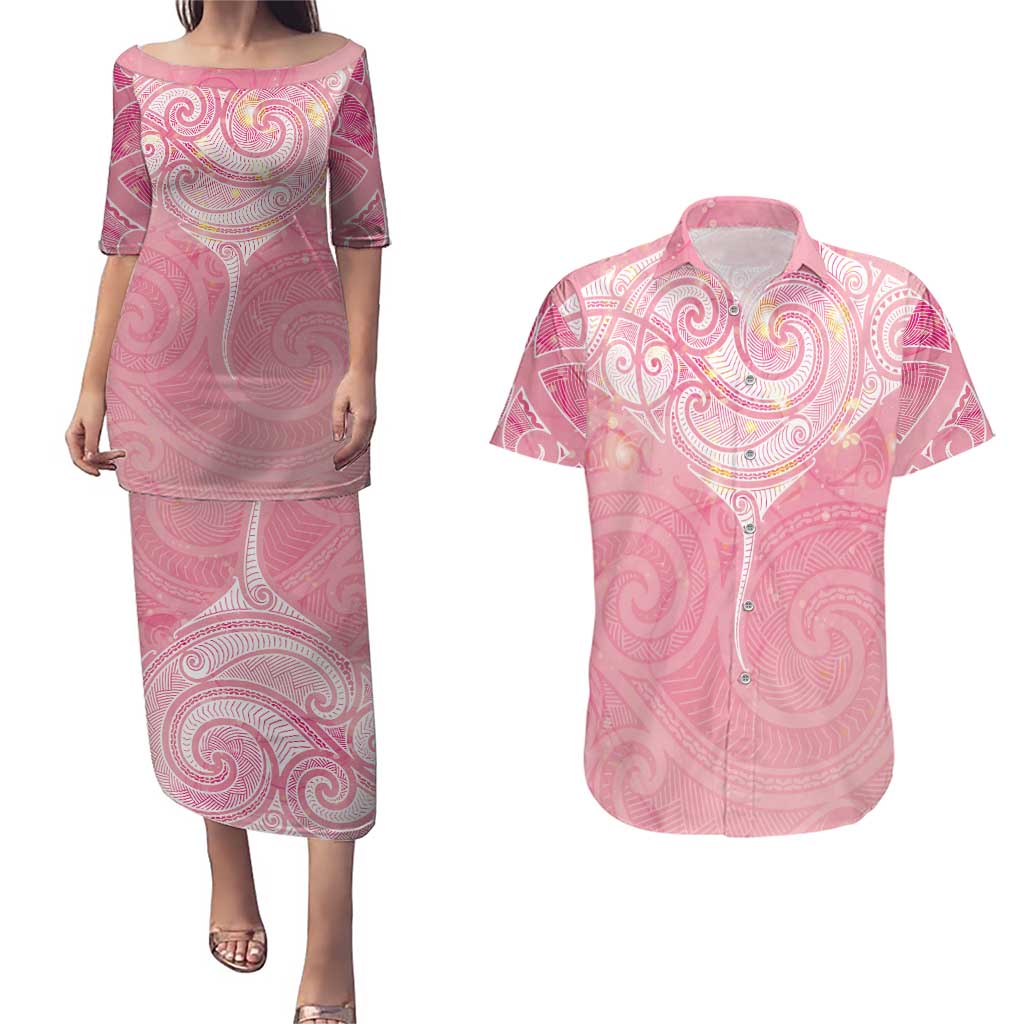 Breast Cancer Awareness Maori Aotearoa Couples Matching Puletasi and Hawaiian Shirt Manta Ray - Pink Glaze - Polynesian Pride
