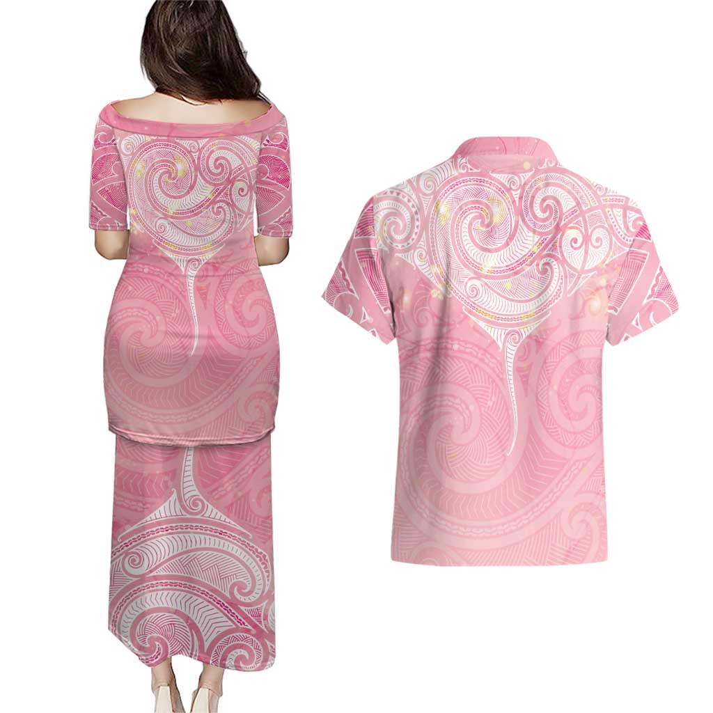 Breast Cancer Awareness Maori Aotearoa Couples Matching Puletasi and Hawaiian Shirt Manta Ray - Pink Glaze LT7 - Polynesian Pride