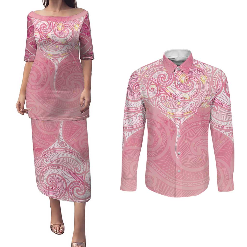 Breast Cancer Awareness Maori Aotearoa Couples Matching Puletasi and Long Sleeve Button Shirt Manta Ray - Pink Glaze LT7 Pink - Polynesian Pride