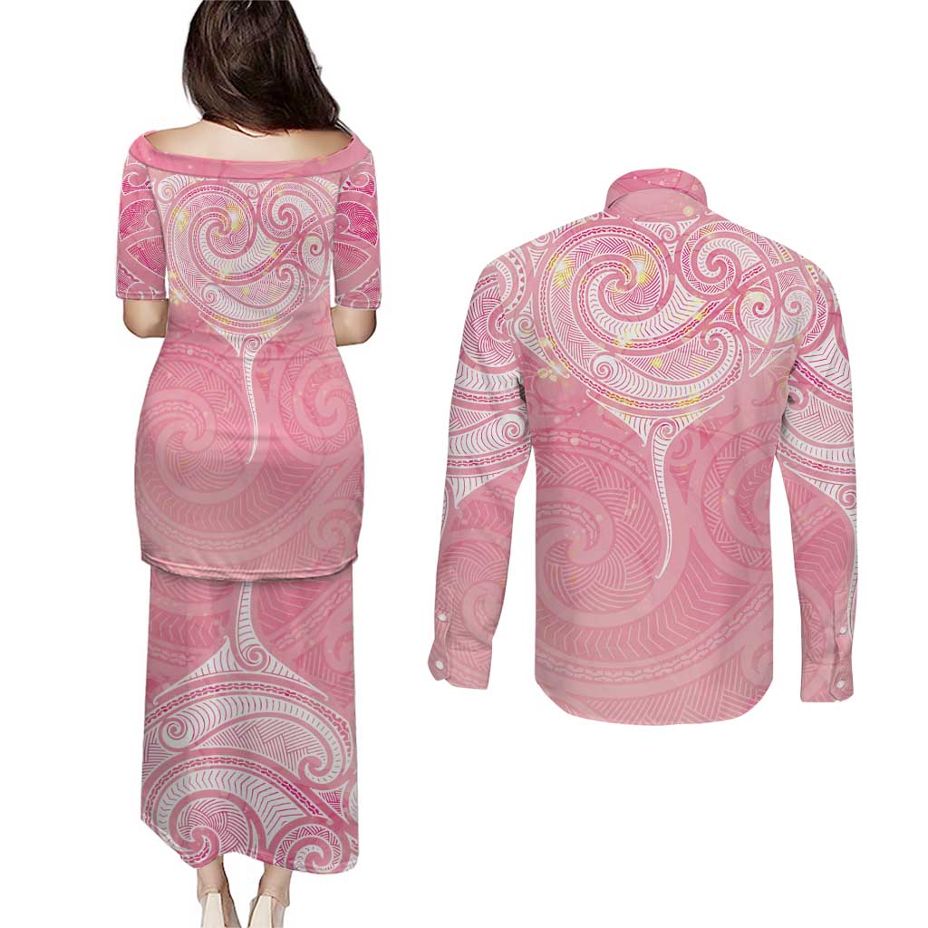 Breast Cancer Awareness Maori Aotearoa Couples Matching Puletasi and Long Sleeve Button Shirt Manta Ray - Pink Glaze LT7 - Polynesian Pride