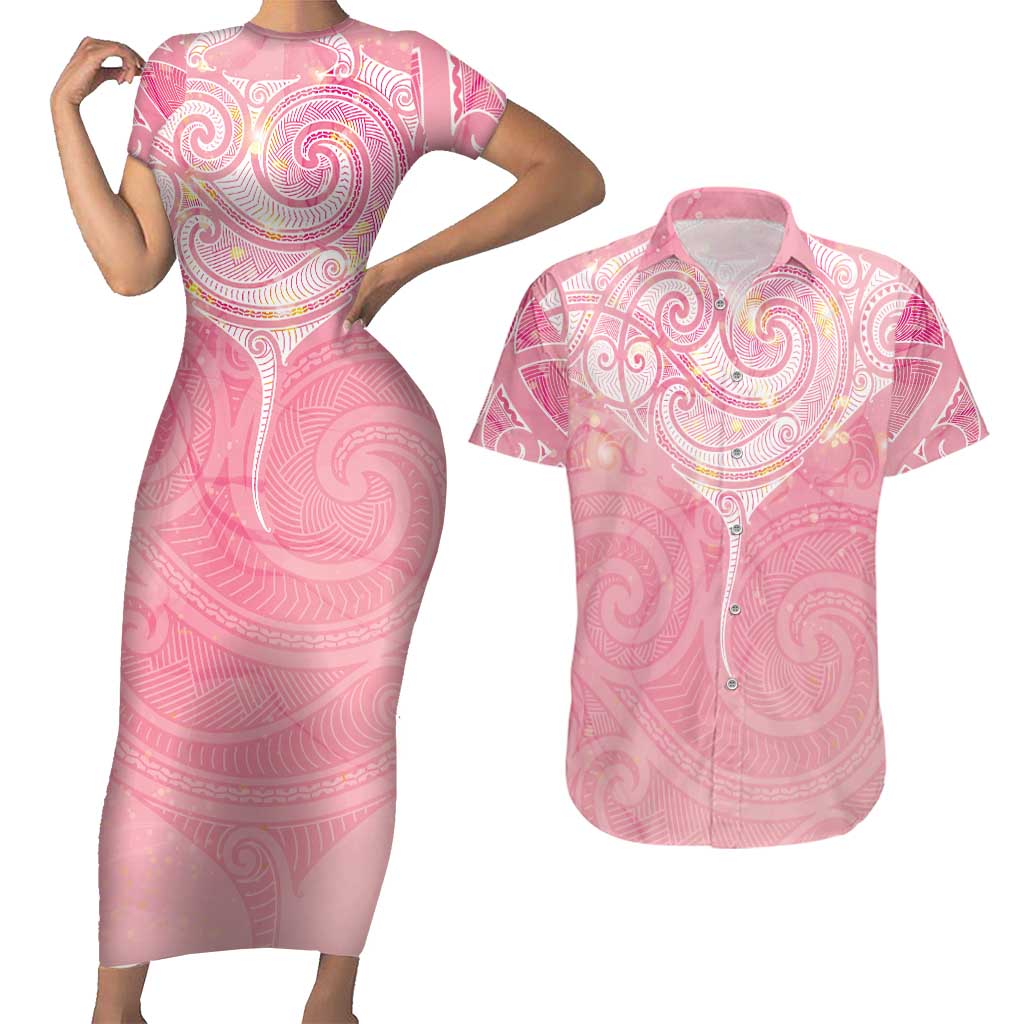 Breast Cancer Awareness Maori Aotearoa Couples Matching Short Sleeve Bodycon Dress and Hawaiian Shirt Manta Ray - Pink Glaze LT7 Pink - Polynesian Pride