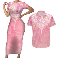 Breast Cancer Awareness Maori Aotearoa Couples Matching Short Sleeve Bodycon Dress and Hawaiian Shirt Manta Ray - Pink Glaze LT7 Pink - Polynesian Pride
