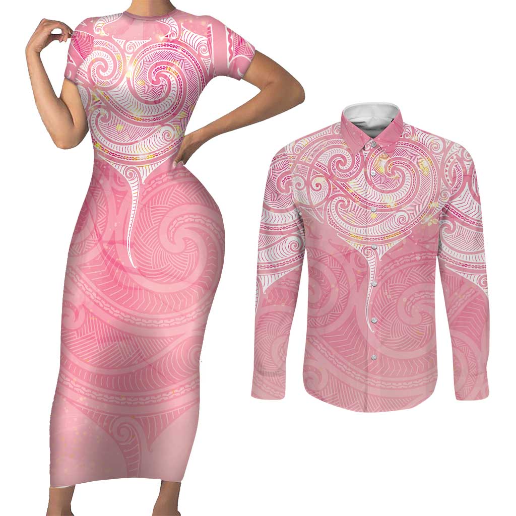 Breast Cancer Awareness Maori Aotearoa Couples Matching Short Sleeve Bodycon Dress and Long Sleeve Button Shirt Manta Ray - Pink Glaze - Polynesian Pride