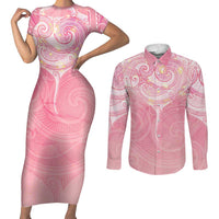 Breast Cancer Awareness Maori Aotearoa Couples Matching Short Sleeve Bodycon Dress and Long Sleeve Button Shirt Manta Ray - Pink Glaze LT7 Pink - Polynesian Pride
