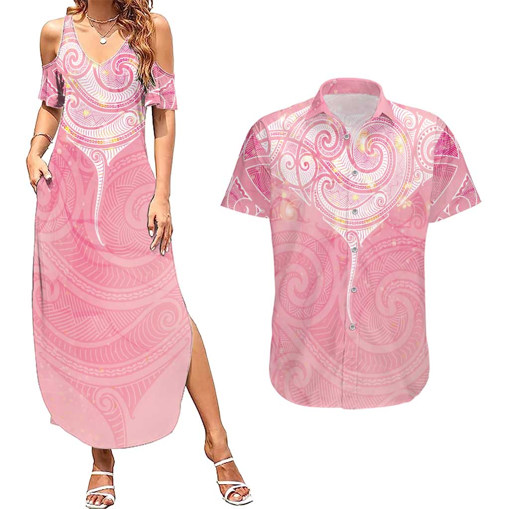 Breast Cancer Awareness Maori Aotearoa Couples Matching Summer Maxi Dress and Hawaiian Shirt Manta Ray - Pink Glaze - Polynesian Pride