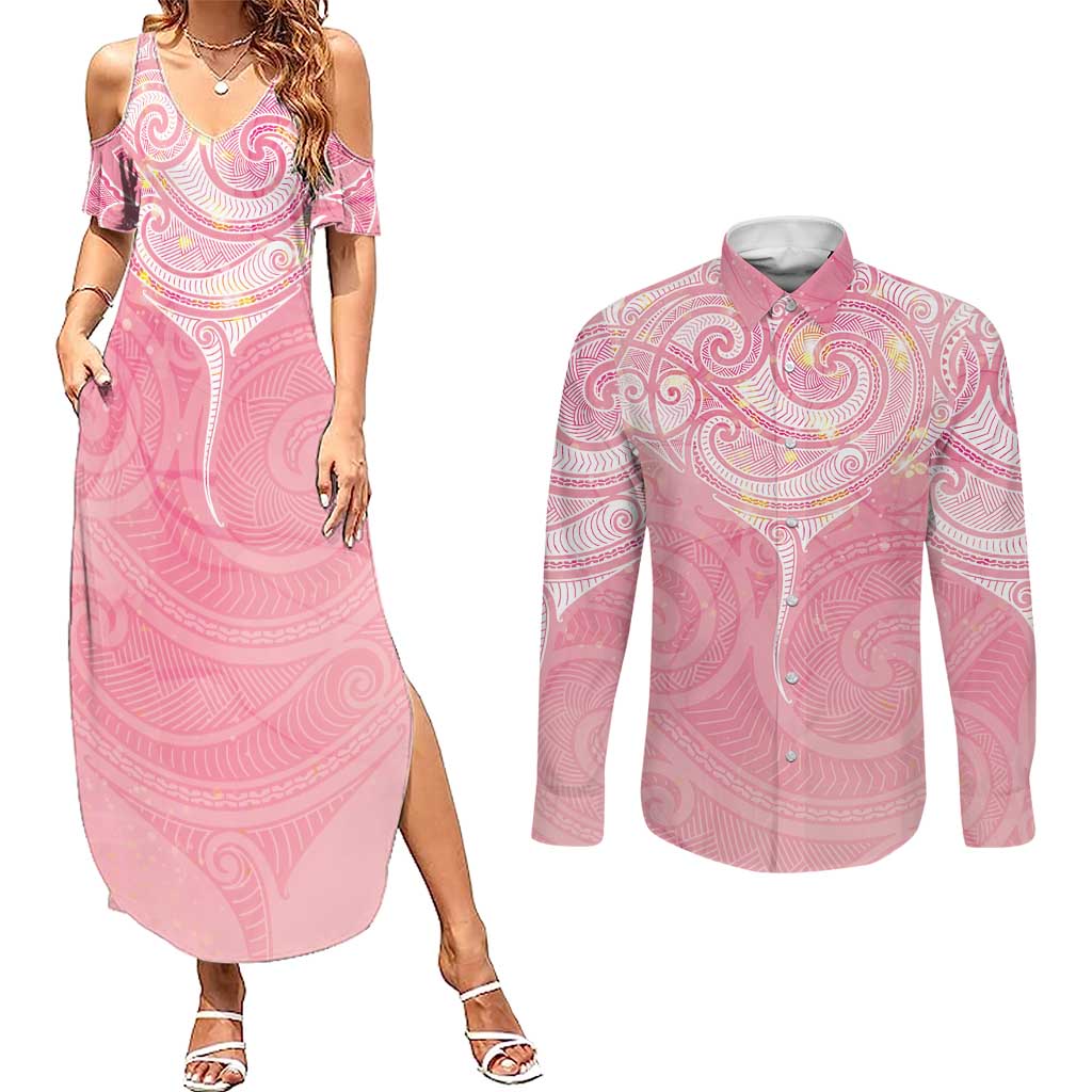 Breast Cancer Awareness Maori Aotearoa Couples Matching Summer Maxi Dress and Long Sleeve Button Shirt Manta Ray - Pink Glaze - Polynesian Pride