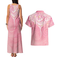 Breast Cancer Awareness Maori Aotearoa Couples Matching Tank Maxi Dress and Hawaiian Shirt Manta Ray - Pink Glaze LT7 - Polynesian Pride