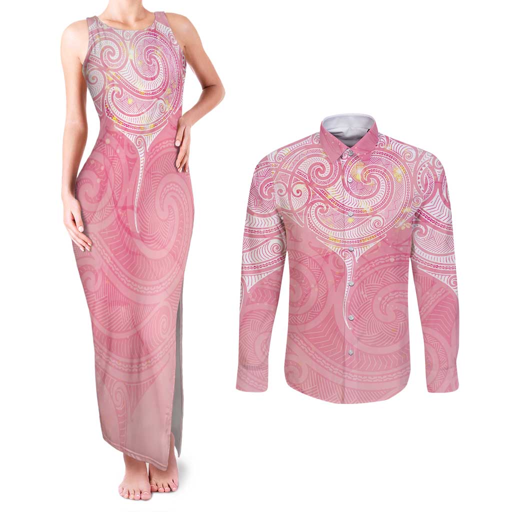 Breast Cancer Awareness Maori Aotearoa Couples Matching Tank Maxi Dress and Long Sleeve Button Shirt Manta Ray - Pink Glaze LT7 Pink - Polynesian Pride