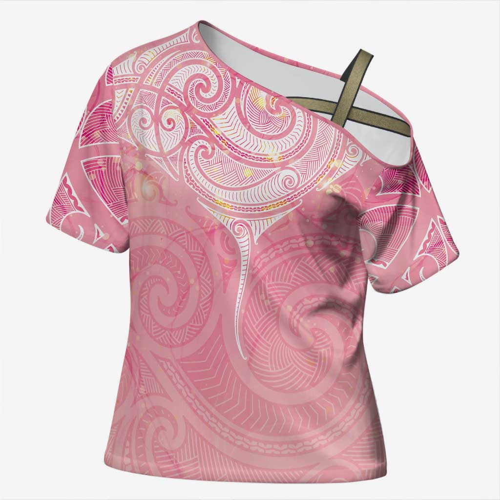 Breast Cancer Awareness Maori Aotearoa Cross Shoulder Shirt Manta Ray - Pink Glaze - Polynesian Pride