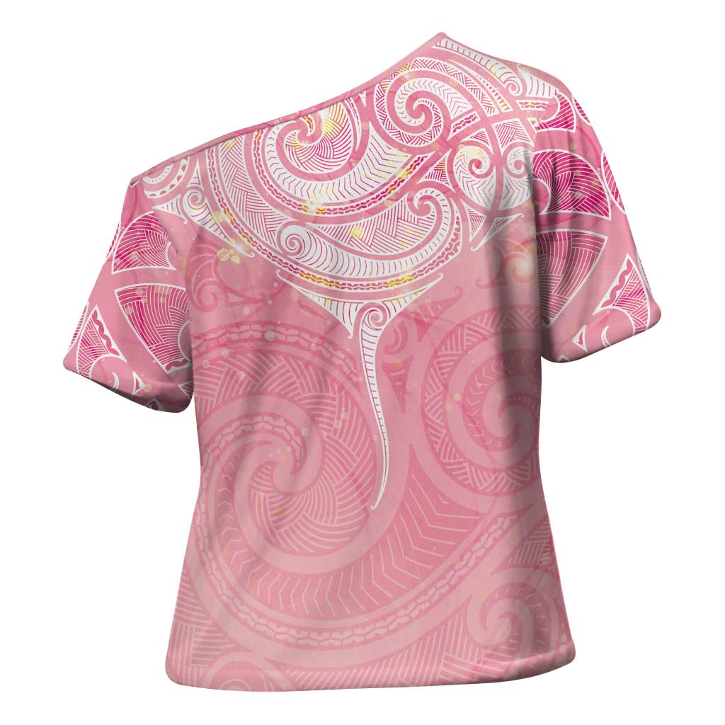 Breast Cancer Awareness Maori Aotearoa Cross Shoulder Shirt Manta Ray - Pink Glaze - Polynesian Pride