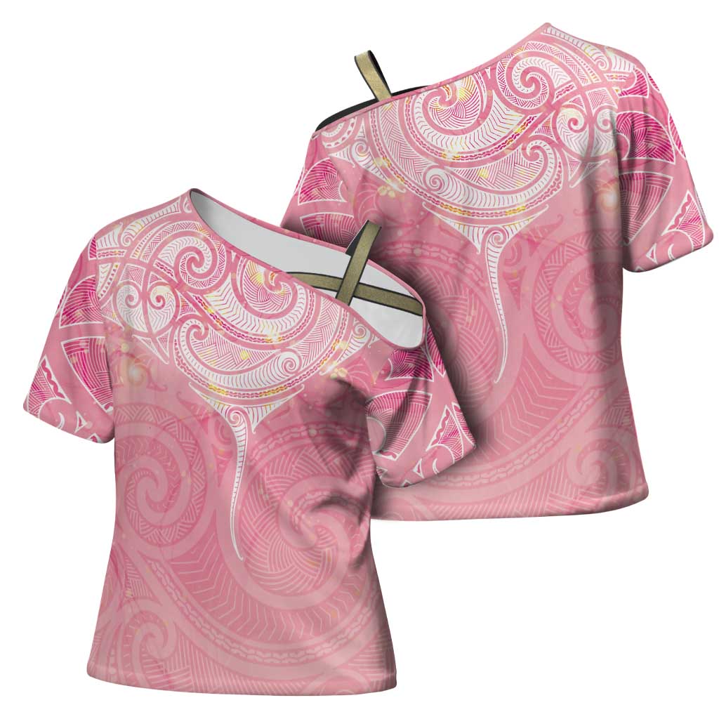 Breast Cancer Awareness Maori Aotearoa Cross Shoulder Shirt Manta Ray - Pink Glaze - Polynesian Pride
