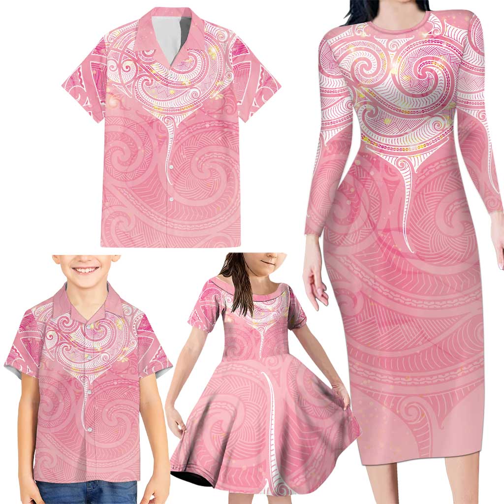Breast Cancer Awareness Maori Aotearoa Family Matching Long Sleeve Bodycon Dress and Hawaiian Shirt Manta Ray - Pink Glaze LT7 - Polynesian Pride