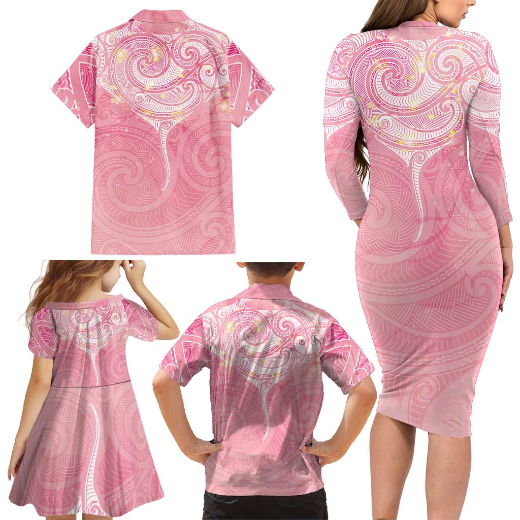 Breast Cancer Awareness Maori Aotearoa Family Matching Long Sleeve Bodycon Dress and Hawaiian Shirt Manta Ray - Pink Glaze LT7 - Polynesian Pride