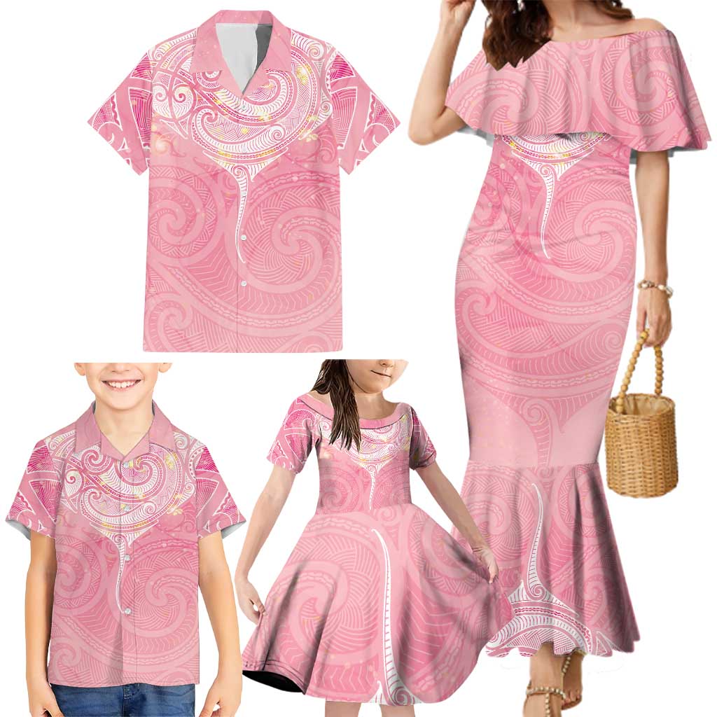 Breast Cancer Awareness Maori Aotearoa Family Matching Mermaid Dress and Hawaiian Shirt Manta Ray - Pink Glaze LT7 - Polynesian Pride