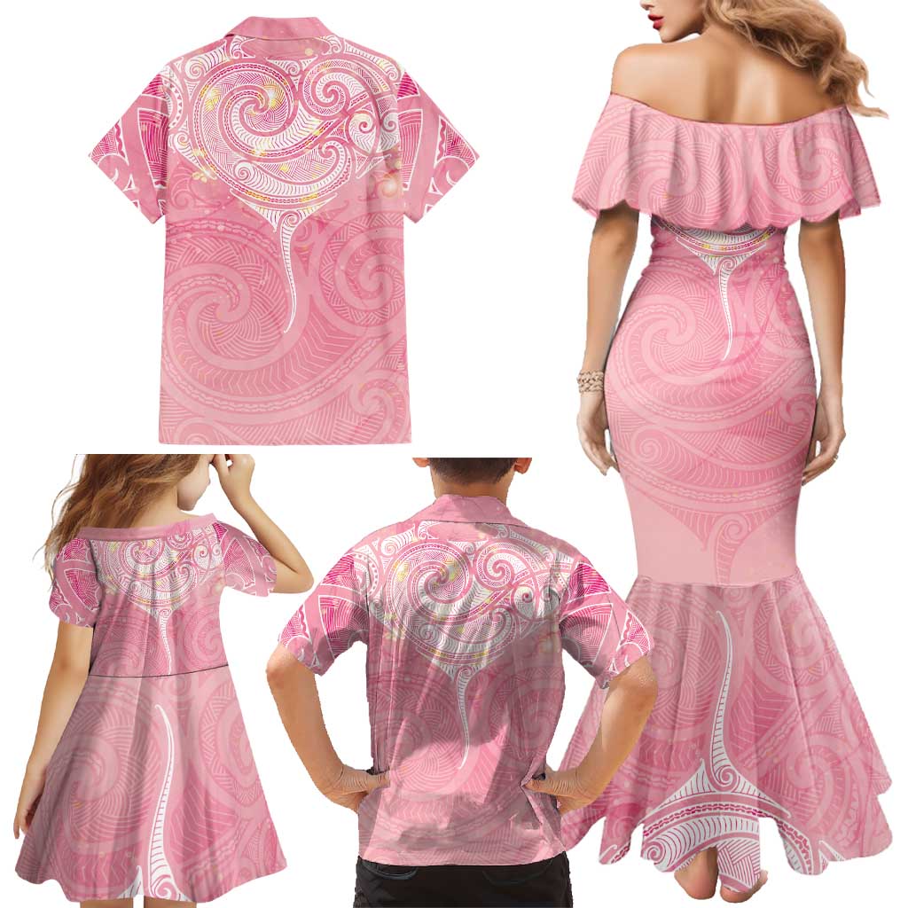 Breast Cancer Awareness Maori Aotearoa Family Matching Mermaid Dress and Hawaiian Shirt Manta Ray - Pink Glaze LT7 - Polynesian Pride