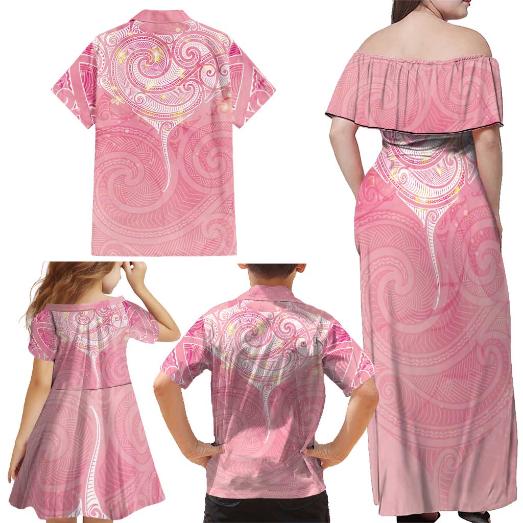 Breast Cancer Awareness Maori Aotearoa Family Matching Off Shoulder Maxi Dress and Hawaiian Shirt Manta Ray - Pink Glaze LT7 - Polynesian Pride