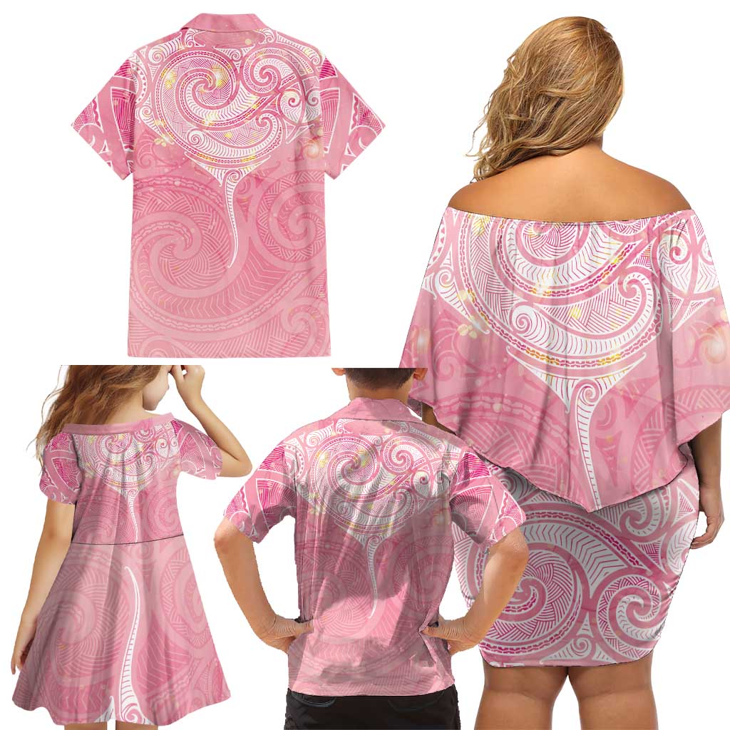 Breast Cancer Awareness Maori Aotearoa Family Matching Off Shoulder Short Dress and Hawaiian Shirt Manta Ray - Pink Glaze LT7 - Polynesian Pride