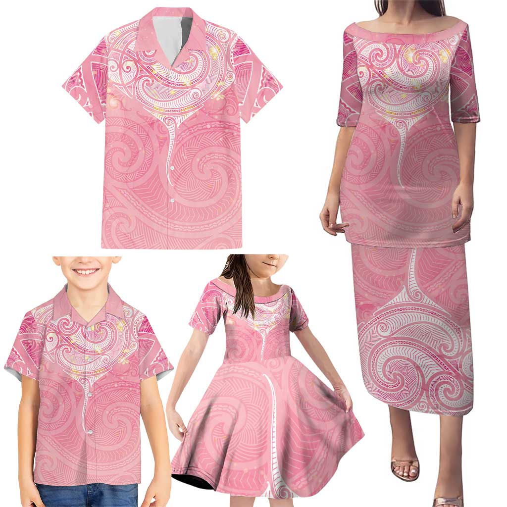 Breast Cancer Awareness Maori Aotearoa Family Matching Puletasi and Hawaiian Shirt Manta Ray - Pink Glaze - Polynesian Pride