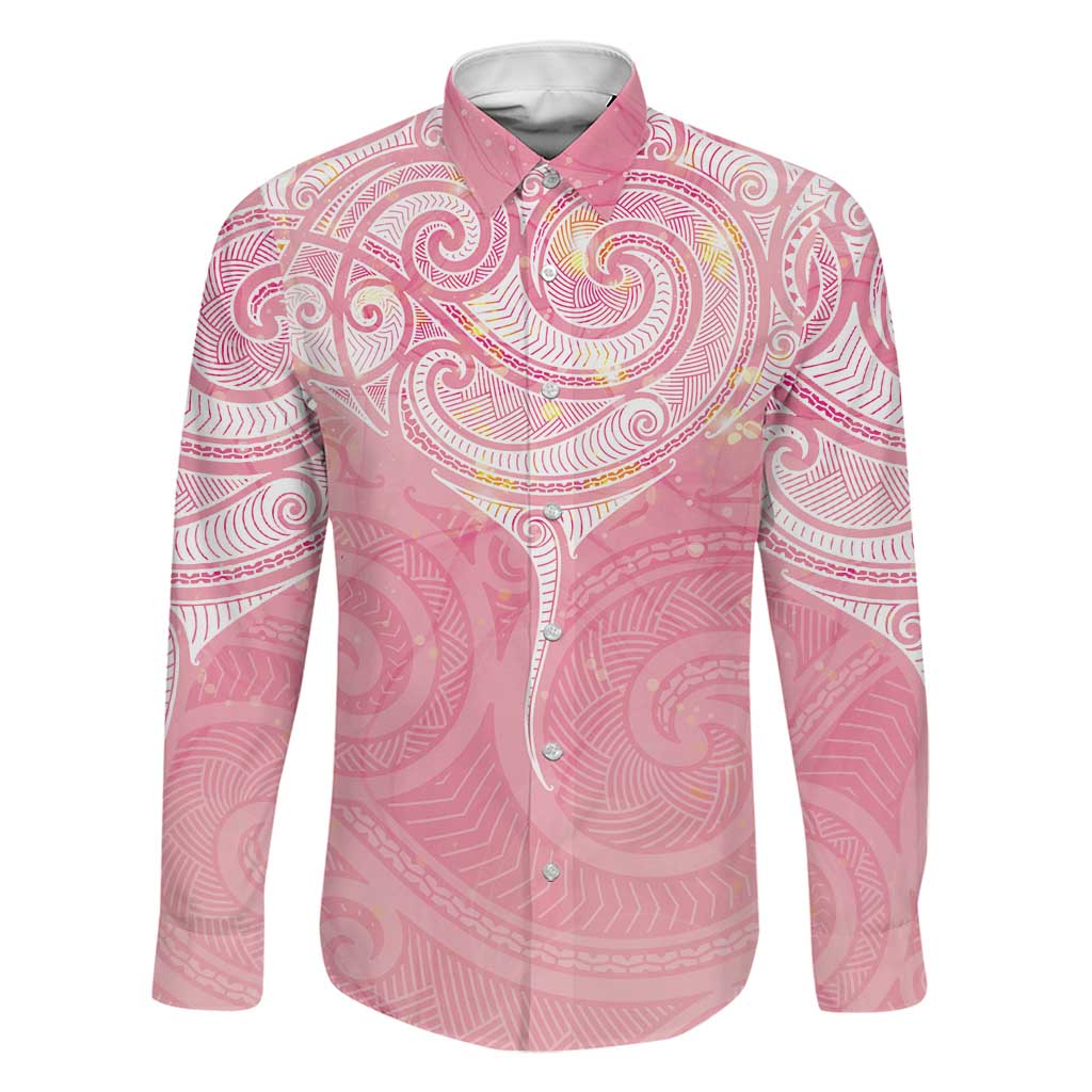 Breast Cancer Awareness Maori Aotearoa Family Matching Puletasi and Hawaiian Shirt Manta Ray - Pink Glaze LT7 Dad's Shirt - Long Sleeve Pink - Polynesian Pride