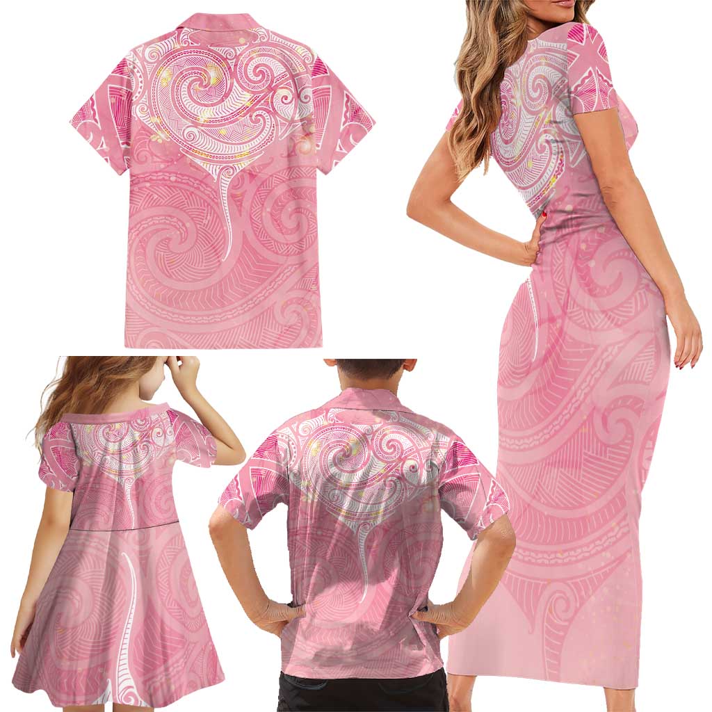 Breast Cancer Awareness Maori Aotearoa Family Matching Short Sleeve Bodycon Dress and Hawaiian Shirt Manta Ray - Pink Glaze LT7 - Polynesian Pride