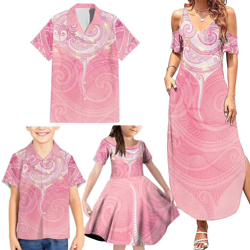 Breast Cancer Awareness Maori Aotearoa Family Matching Summer Maxi Dress and Hawaiian Shirt Manta Ray - Pink Glaze - Polynesian Pride