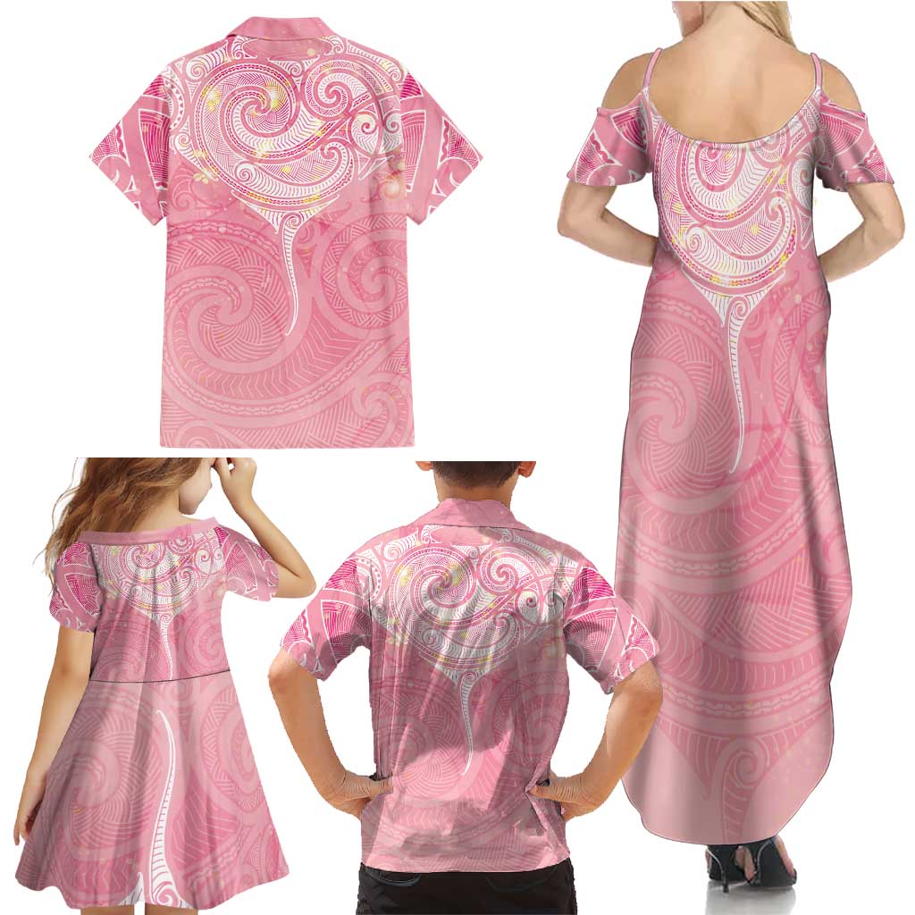 Breast Cancer Awareness Maori Aotearoa Family Matching Summer Maxi Dress and Hawaiian Shirt Manta Ray - Pink Glaze LT7 - Polynesian Pride