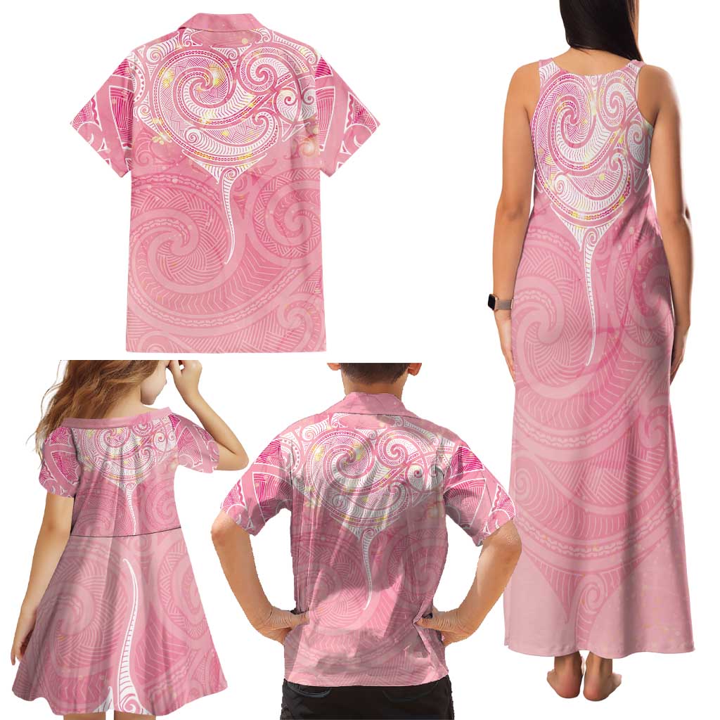 Breast Cancer Awareness Maori Aotearoa Family Matching Tank Maxi Dress and Hawaiian Shirt Manta Ray - Pink Glaze LT7 - Polynesian Pride