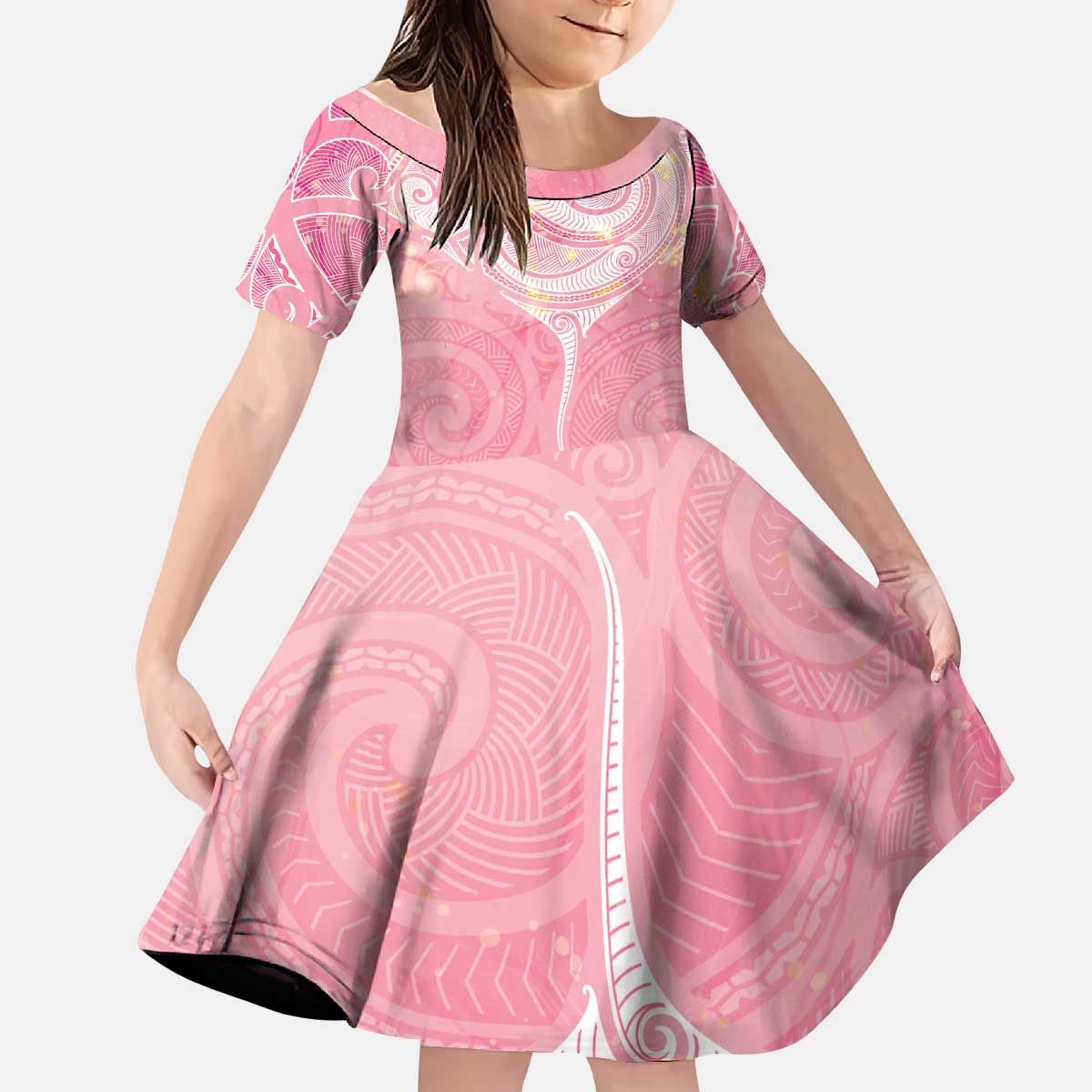 Breast Cancer Awareness Maori Aotearoa Kid Short Sleeve Dress Manta Ray - Pink Glaze LT7 KID Pink - Polynesian Pride