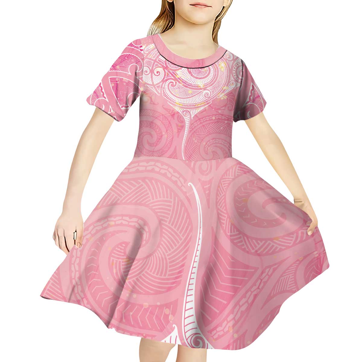 Breast Cancer Awareness Maori Aotearoa Kid Short Sleeve Dress Manta Ray - Pink Glaze LT7 - Polynesian Pride