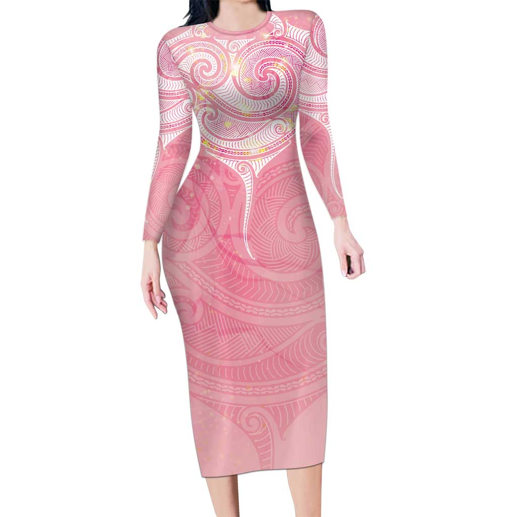 Breast Cancer Awareness Maori Aotearoa Long Sleeve Bodycon Dress Manta Ray - Pink Glaze LT7 Long Dress Pink - Polynesian Pride