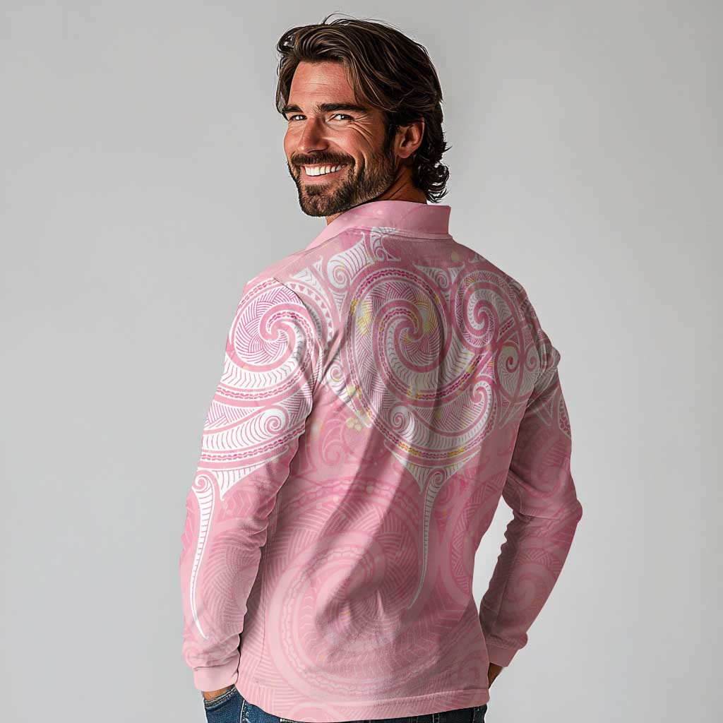 Breast Cancer Awareness Maori Aotearoa Long Sleeve Polo Shirt Manta Ray - Pink Glaze - Polynesian Pride