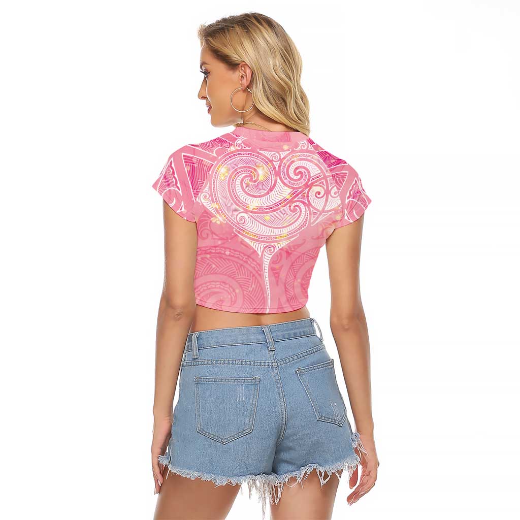 Breast Cancer Awareness Maori Aotearoa Raglan Cropped T Shirt Manta Ray - Pink Glaze LT7 - Polynesian Pride