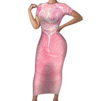 Breast Cancer Awareness Maori Aotearoa Short Sleeve Bodycon Dress Manta Ray - Pink Glaze LT7 Long Dress Pink - Polynesian Pride