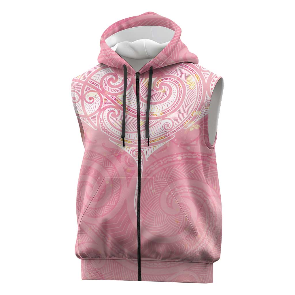 Breast Cancer Awareness Maori Aotearoa Sleeveless Zip Hoodie Manta Ray - Pink Glaze LT7 Pink - Polynesian Pride