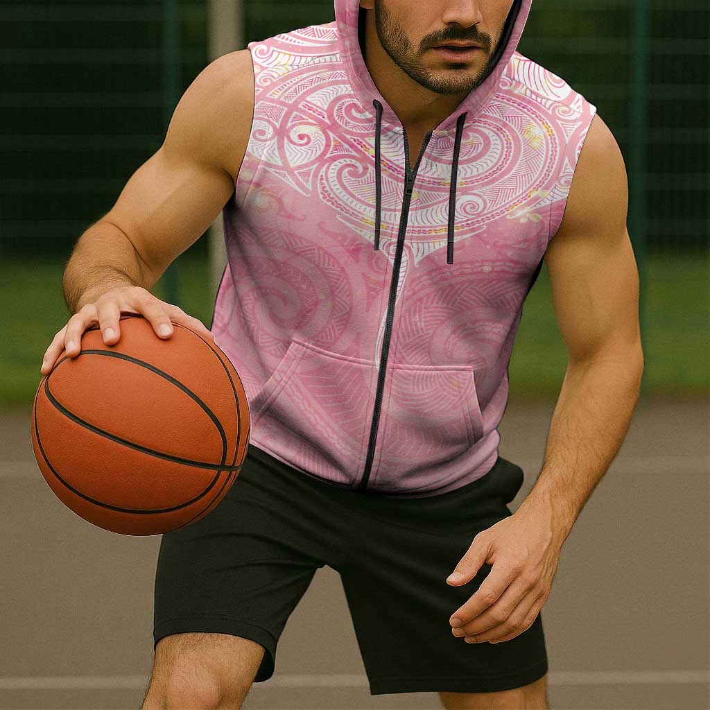 Breast Cancer Awareness Maori Aotearoa Sleeveless Zip Hoodie Manta Ray - Pink Glaze LT7 - Polynesian Pride