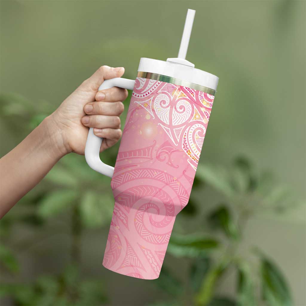Breast Cancer Awareness Maori Aotearoa Tumbler With Handle Manta Ray - Pink Glaze - Polynesian Pride