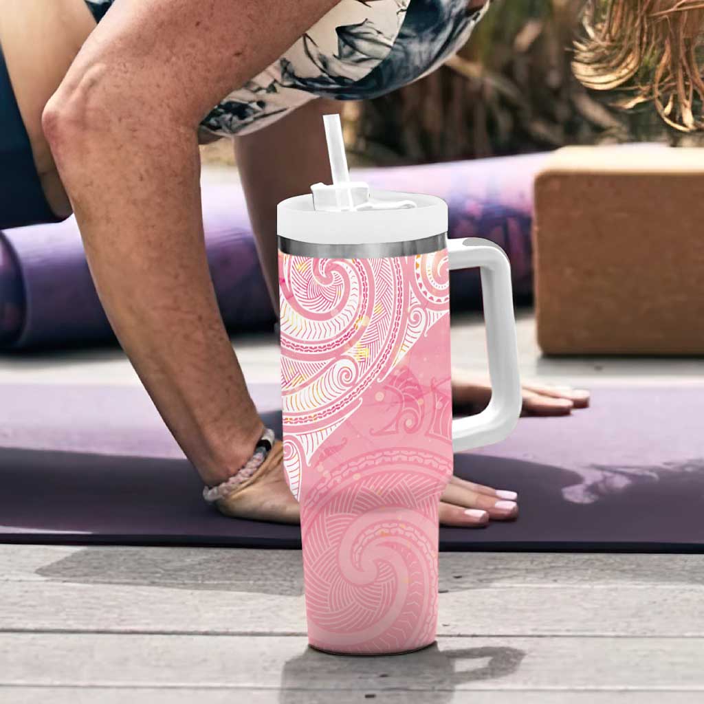 Breast Cancer Awareness Maori Aotearoa Tumbler With Handle Manta Ray - Pink Glaze - Polynesian Pride